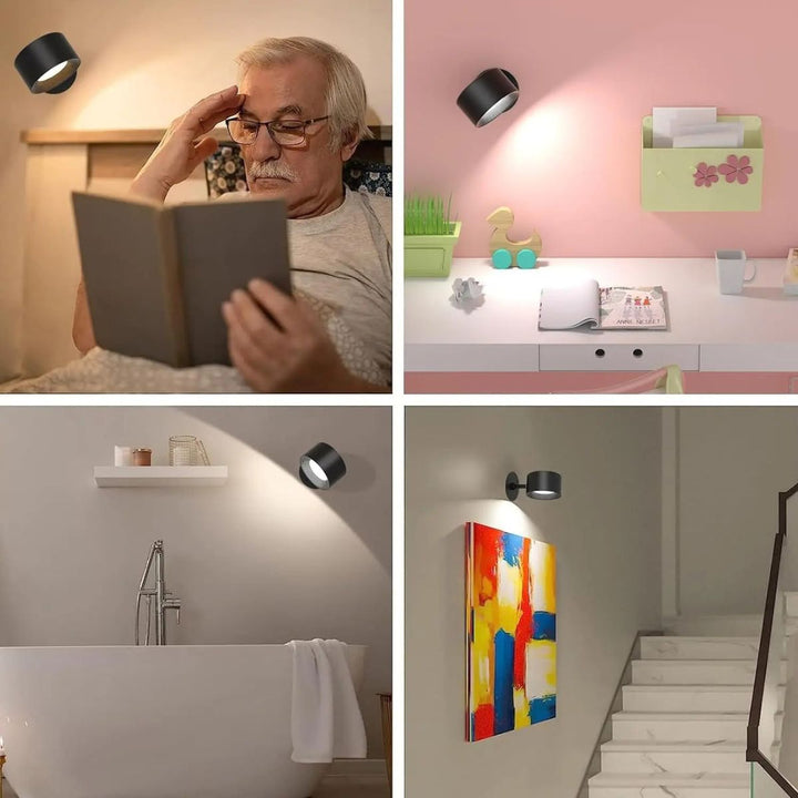 Rechargeable wireless 360° LED wall light with touch control, magnetic rotation, adjustable brightness and color modes in whi