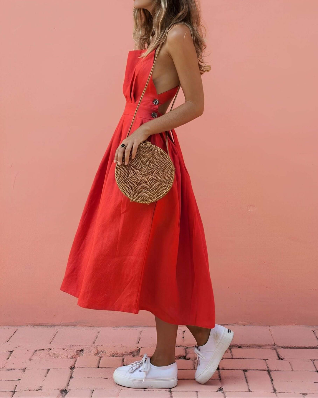 Red women's stretch fit square neck halter midi dress. Perfect for summer, sustainable & versatile occasion wear.