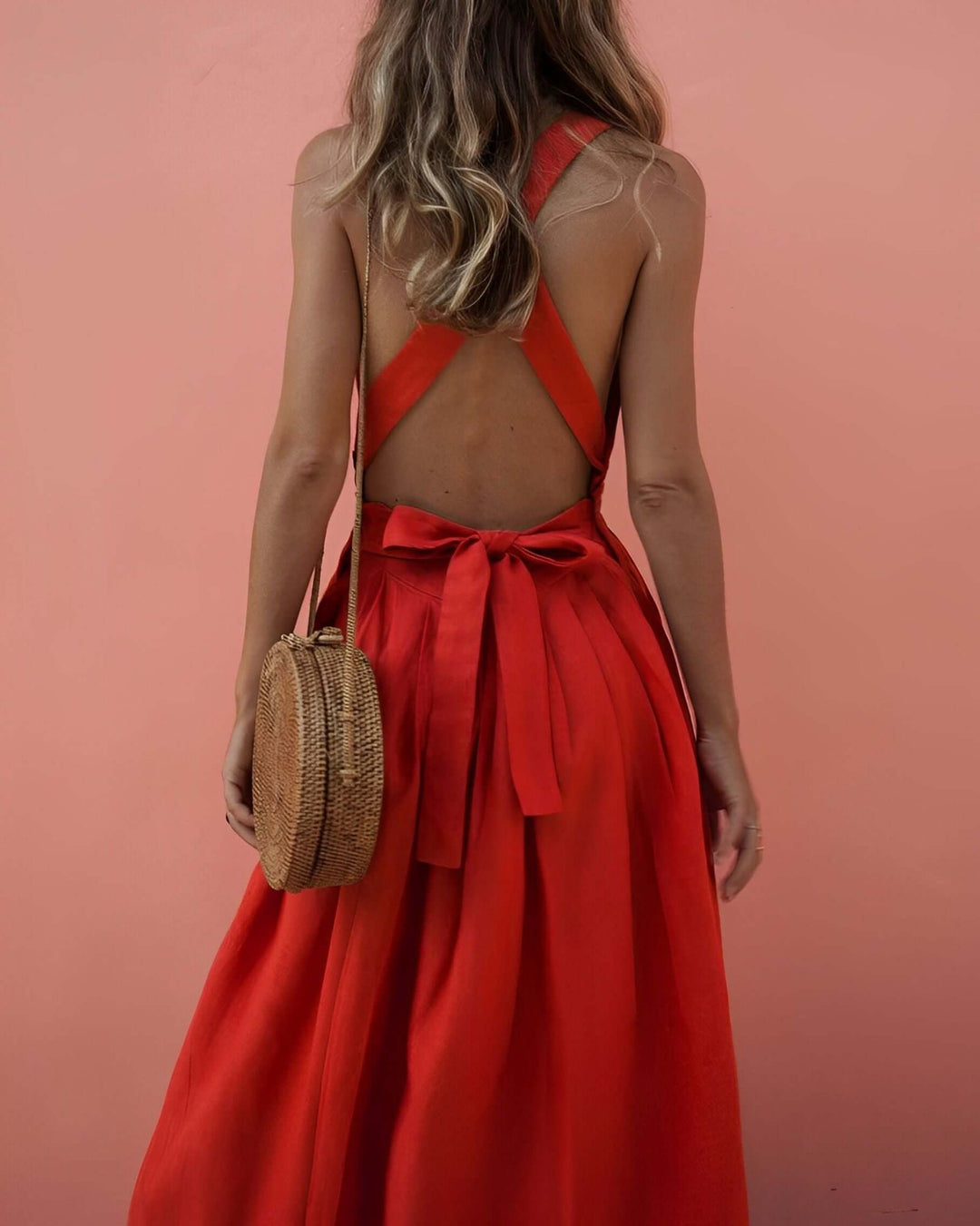 Eco-friendly red square neck halter dress for women. Stretch fit midi design, great for summer & versatile styling.
