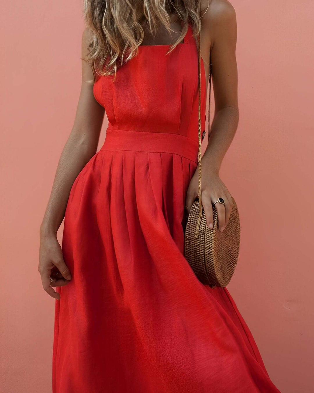 Stylish women's red stretch fit square neck halter midi dress. Sustainable fashion, ideal for summer & occasion wear.