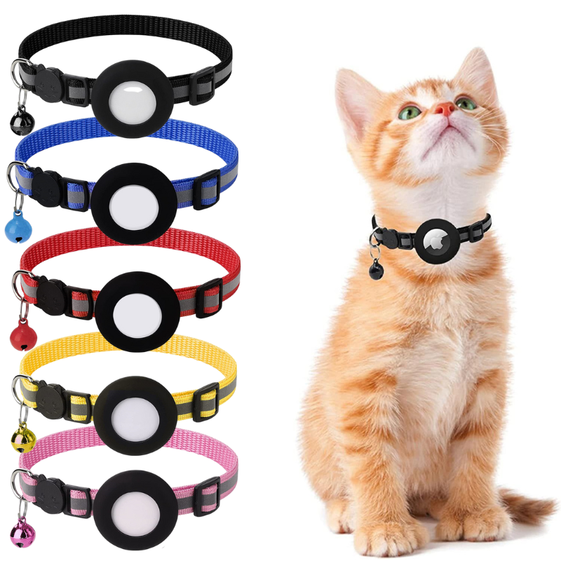 Reflective adjustable cat collar with AirTag holder, lightweight design, and reflective stripes for low-light safety.