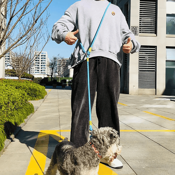 Reflective hands-free dog leash with bungee rope for running, ideal for large dogs; shown wrapped around waist.