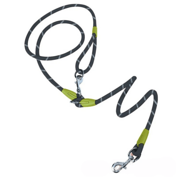 Reflective hands-free dog leash with bungee rope for running, ideal for large dogs; shown wrapped around waist.