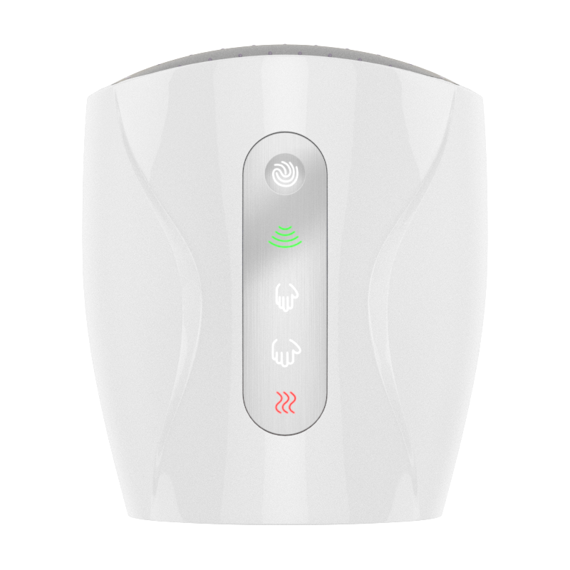 "Rejuvenating cordless electric hand massager with heat, ergonomic design, compact, white color, ideal for hand pain relief."