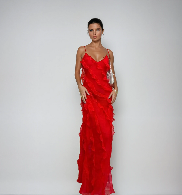Romantic ruffle maxi dress for women, perfect evening gown & special occasion party wear.