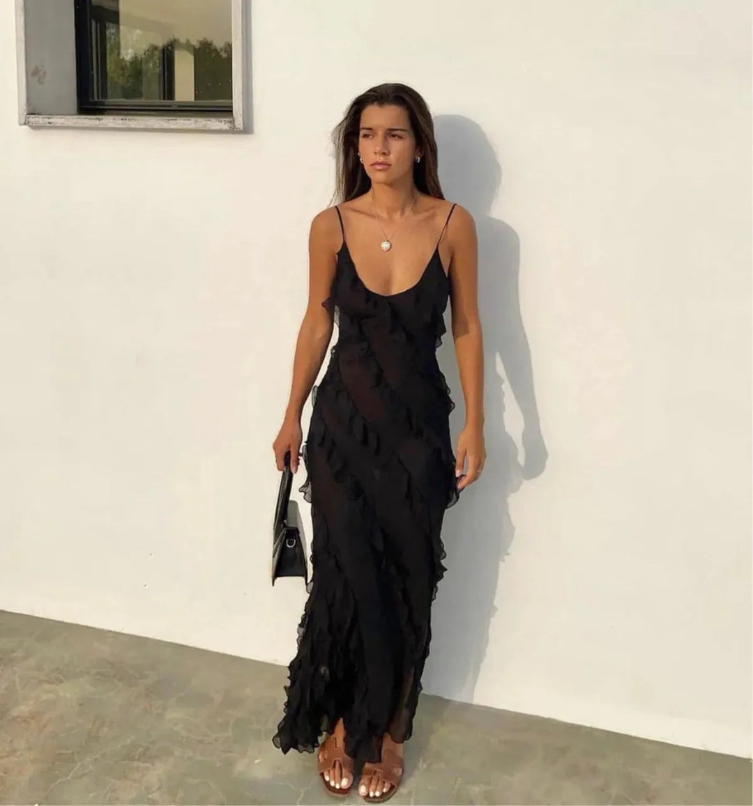 Beautiful women's ruffle maxi evening dress, an elegant party gown for special occasions.