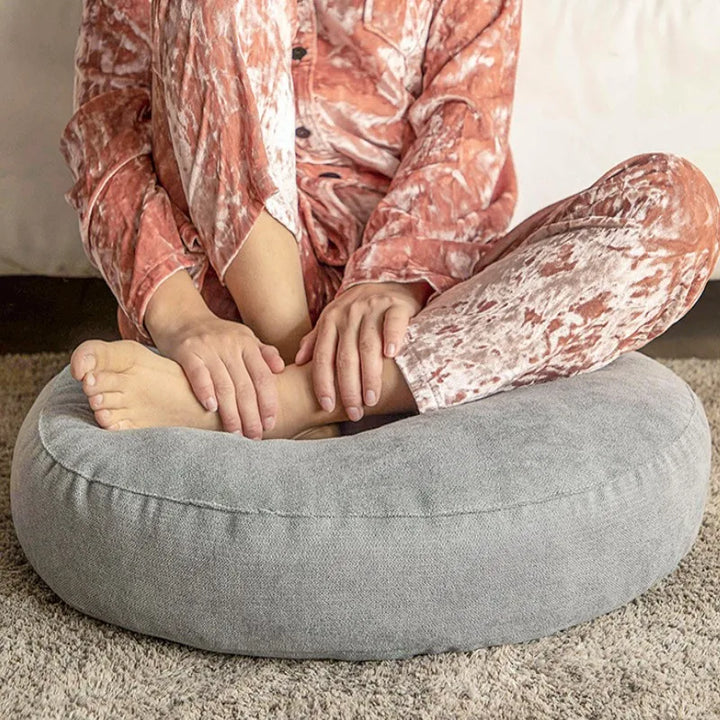 Round meditation yoga cushion for floor seating comfort. Handmade, perfect for relaxation & mindful home decor.