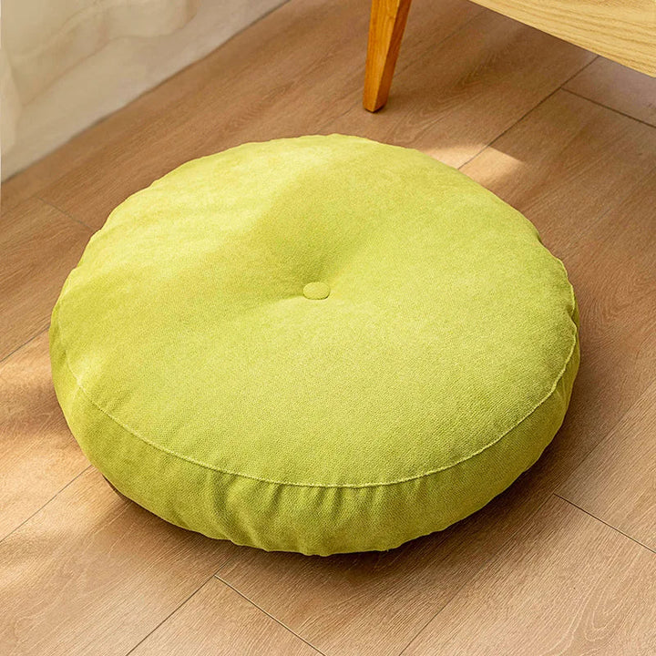 Handmade round yoga cushion, ideal for comfortable floor seating & home decor. Enhances meditation sessions.