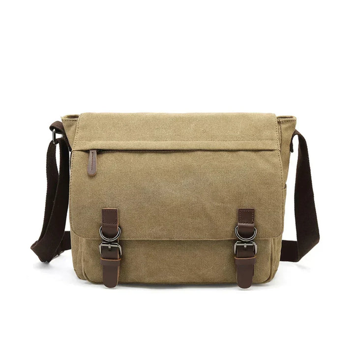 Rugged men's canvas shoulder bag with adjustable strap, front view showcasing durable material and stylish design.