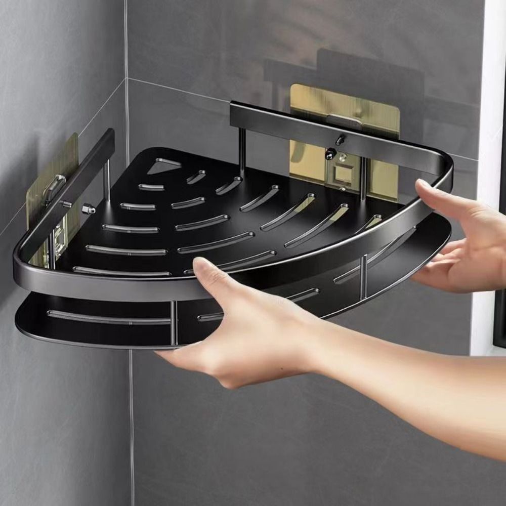 Rustproof aluminum corner shower caddy organizer, no-drill wall mount storage for bathroom essentials.