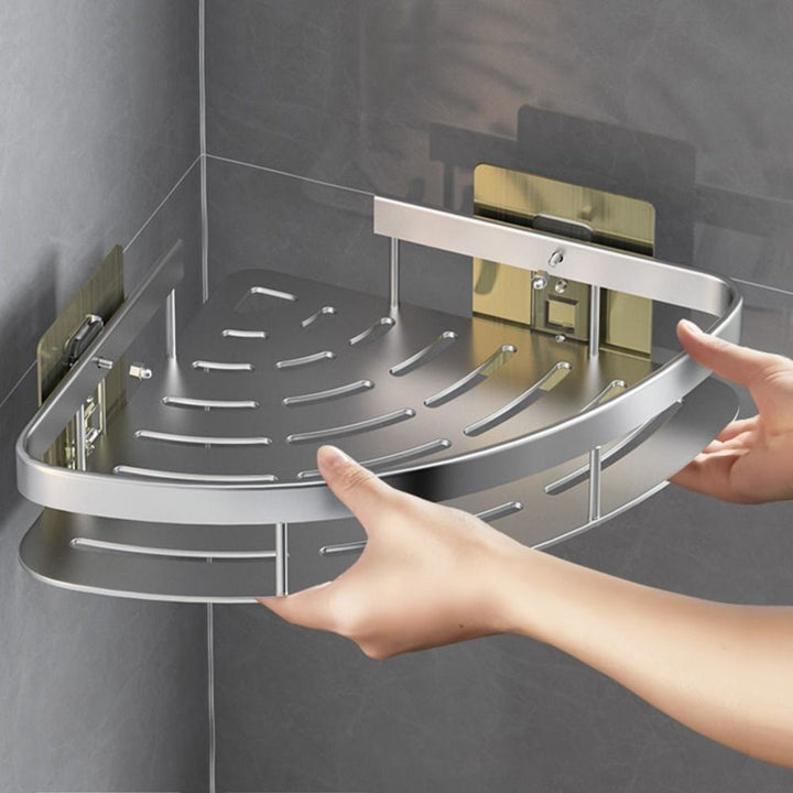Modern aluminum corner wall shelf rack, drill-free bathroom organizer for showers & small spaces.