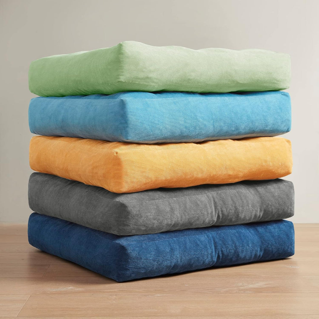 Set of two unisex tufted corduroy meditation floor cushions for yoga & relaxation.