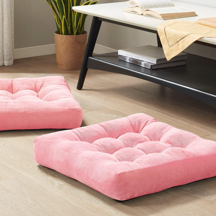 Two unisex tufted corduroy floor cushions for meditation, yoga, and versatile home seating.