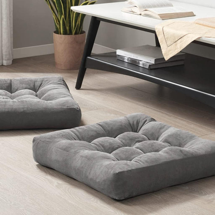 Luxurious corduroy tufted meditation floor pillows, pair, for yoga & serene home decor.