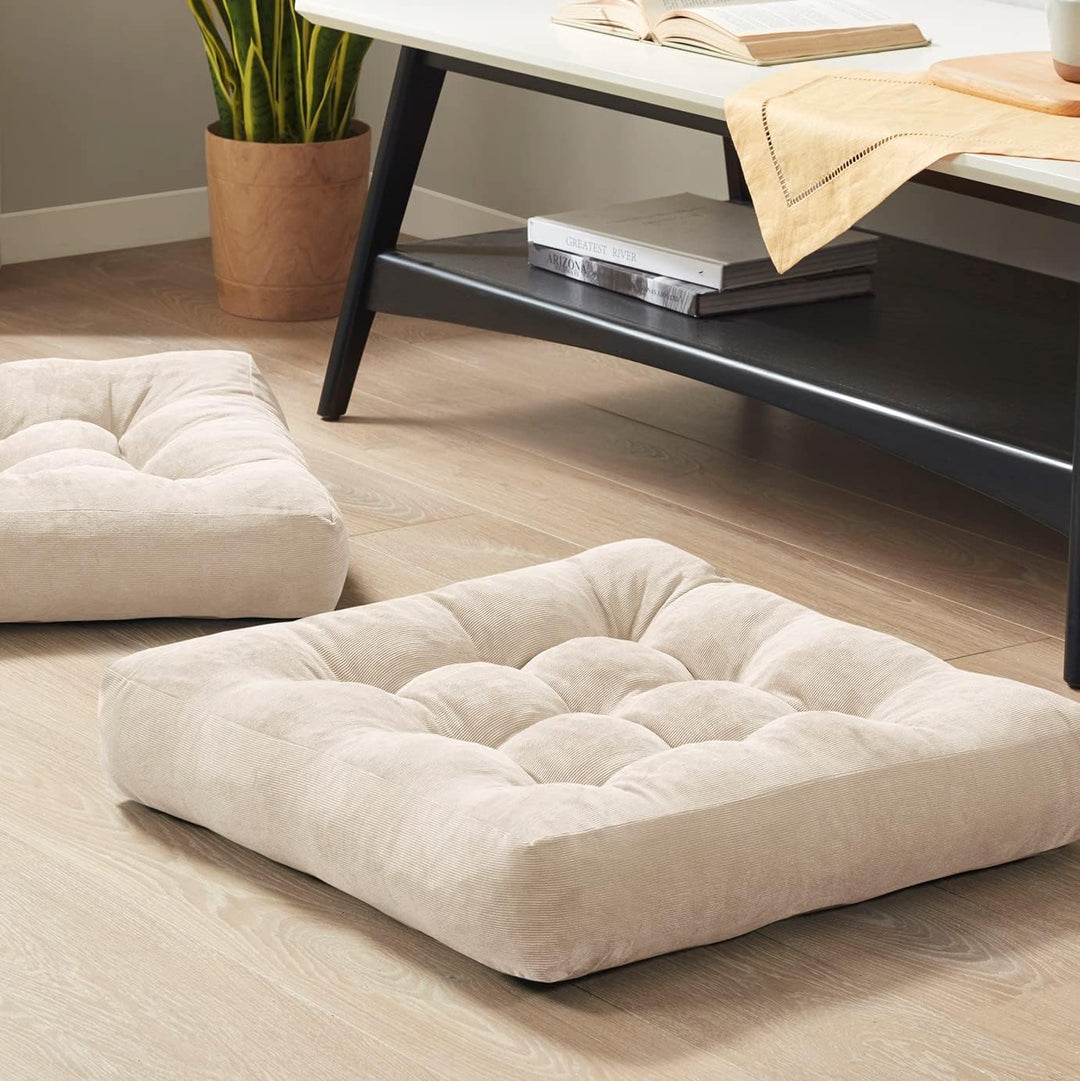Two tufted corduroy floor meditation cushions, ideal for yoga, mindfulness & cozy home decor.