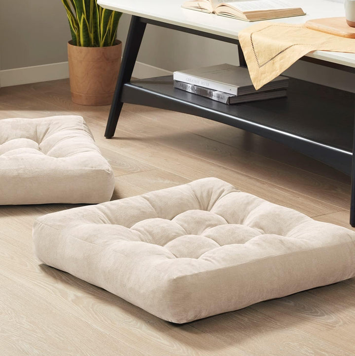 Two tufted corduroy floor meditation cushions, ideal for yoga, mindfulness & cozy home decor.