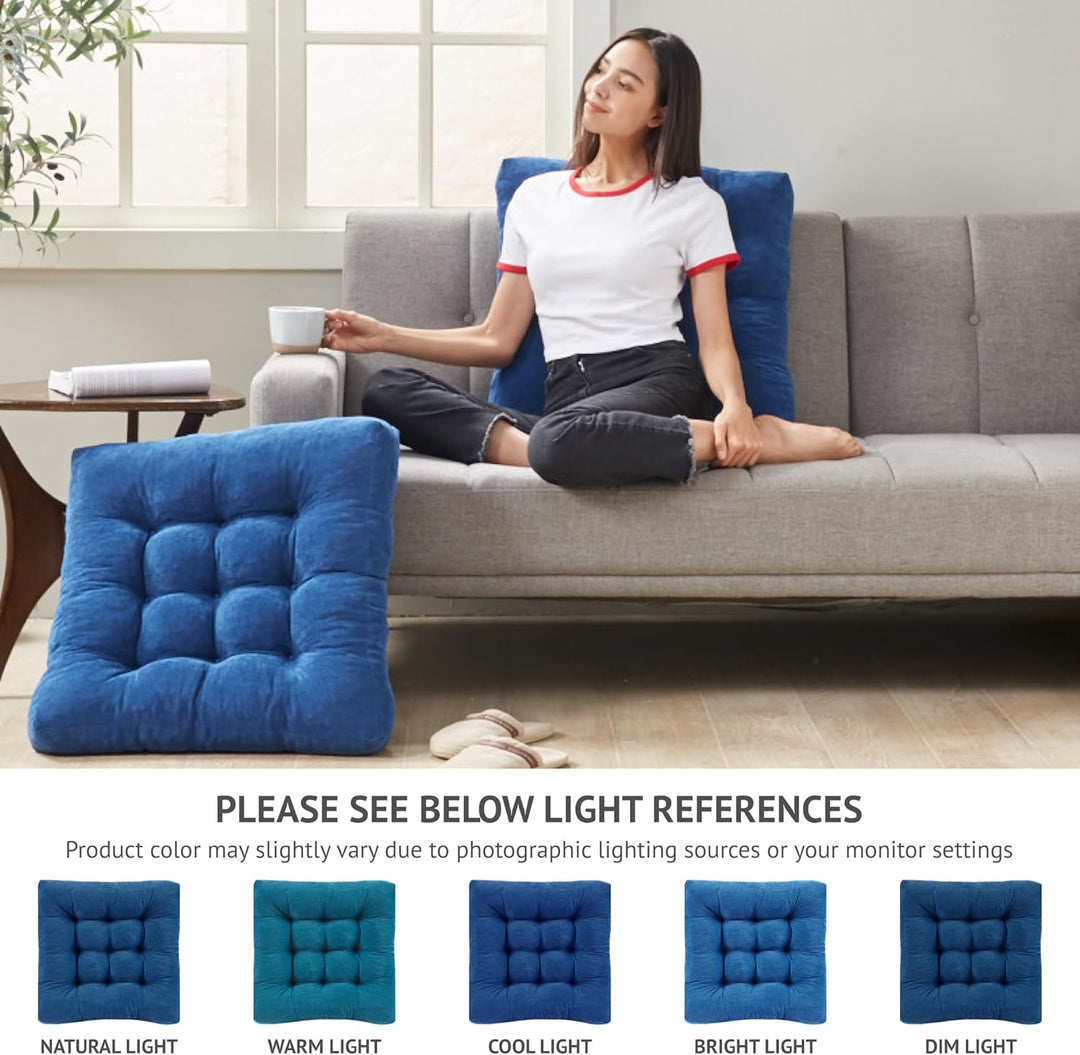 Two tufted corduroy meditation floor cushions for comfortable yoga practice & home relaxation.