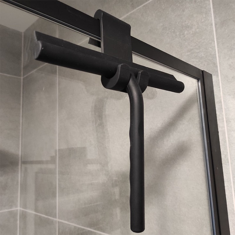 Shower squeegee with hook for streak-free glass doors, windows & bathroom tile cleaning.