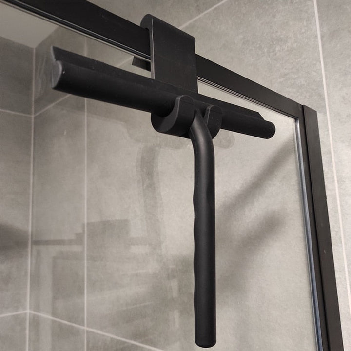 Shower squeegee with hook for streak-free glass doors, windows & bathroom tile cleaning.