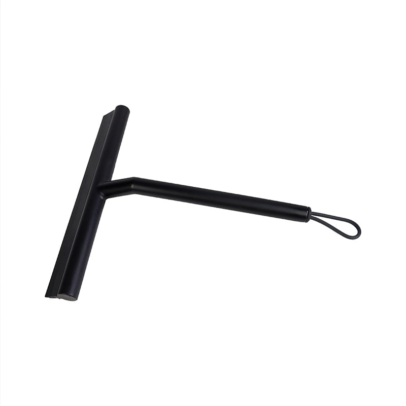 Durable glass cleaner squeegee with suction hook for streak-free showers, preventing water spots.