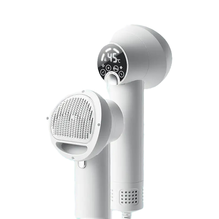 Silent 2-in-1 pet grooming dryer brush with adjustable heat for dogs & cats. Dries & brushes pet hair gently.