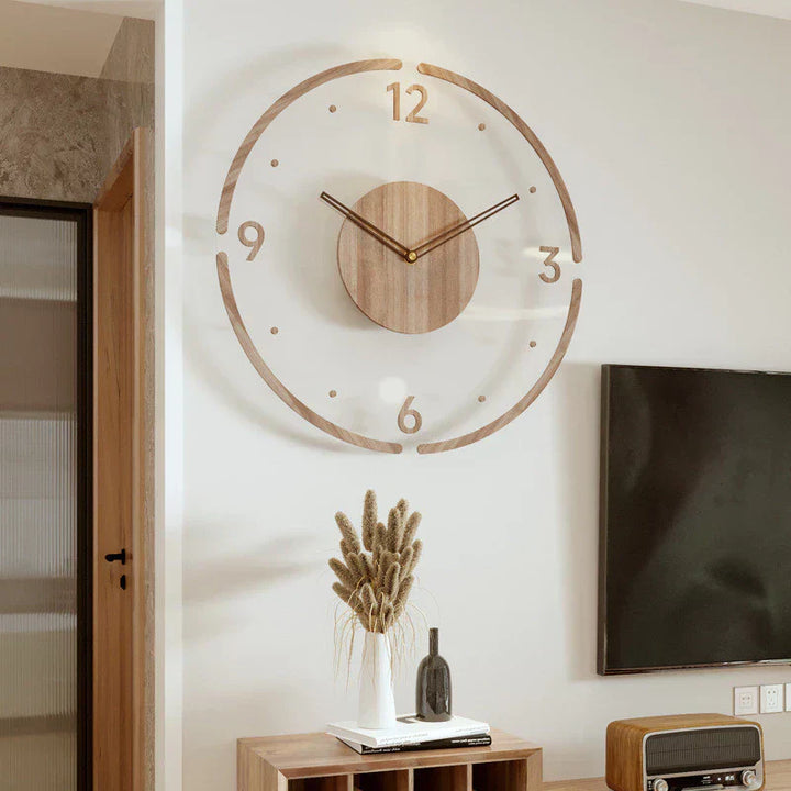 Silent wooden wall clock. Minimalist design, perfect for Nordic home decor in living rooms or bedrooms.