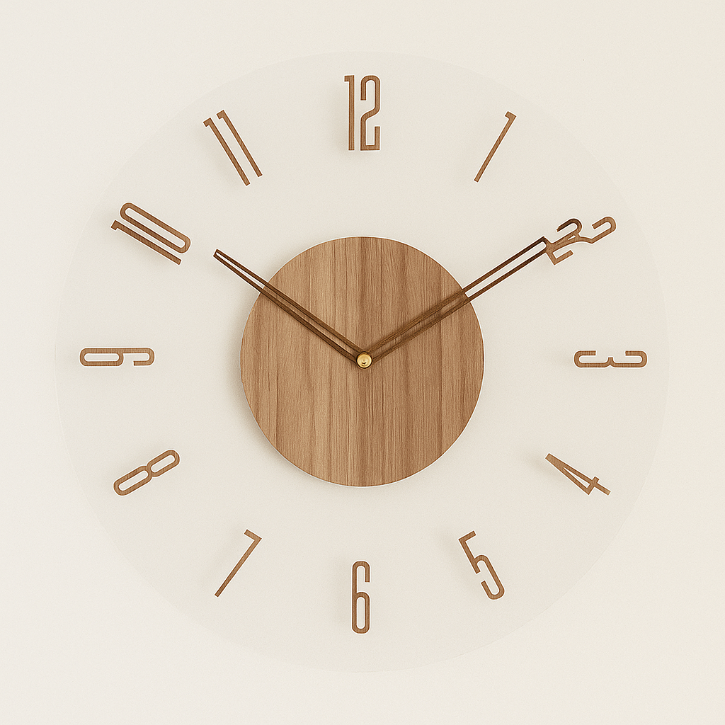 Eco-friendly modern round wooden wall clock. Minimalist design for office or home decoration, silent operation.
