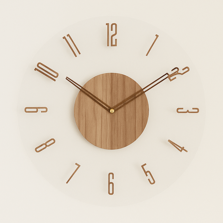 Eco-friendly modern round wooden wall clock. Minimalist design for office or home decoration, silent operation.