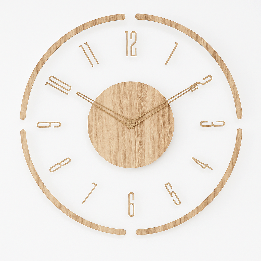 Elegant minimalist wooden wall clock. Silent operation, ideal for modern home decor in any room.