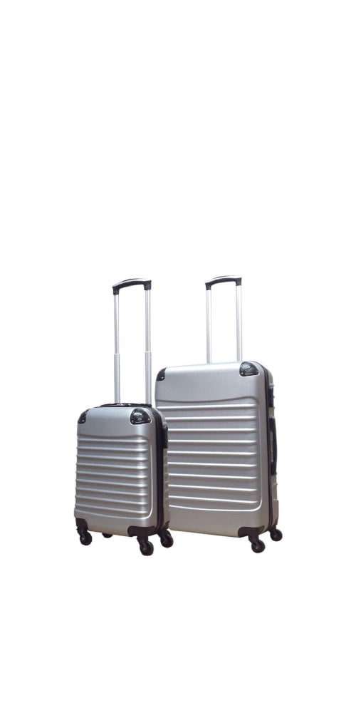 Silver 2-piece hardshell luggage set with spinner wheels for durable, lightweight travel.