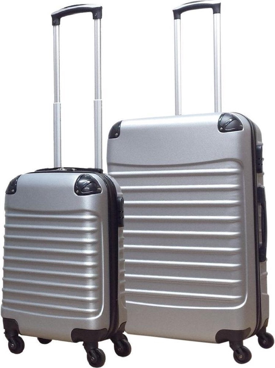 Silver 2-piece hardshell luggage set: carry-on & checked suitcase with smooth spinner wheels.