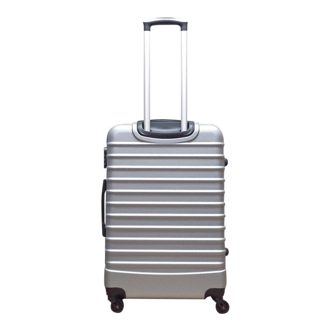 Effortlessly glide with a silver 2-piece hardshell luggage set, spinner wheels, perfect for any vacation.