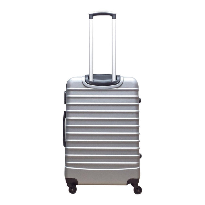 Effortlessly glide with a silver 2-piece hardshell luggage set, spinner wheels, perfect for any vacation.