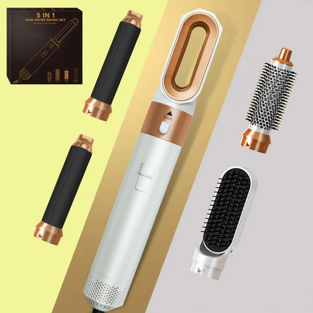"Sleek 5-in-1 hair styler with attachments for curling, straightening, and drying; compact design, fits all hair types."