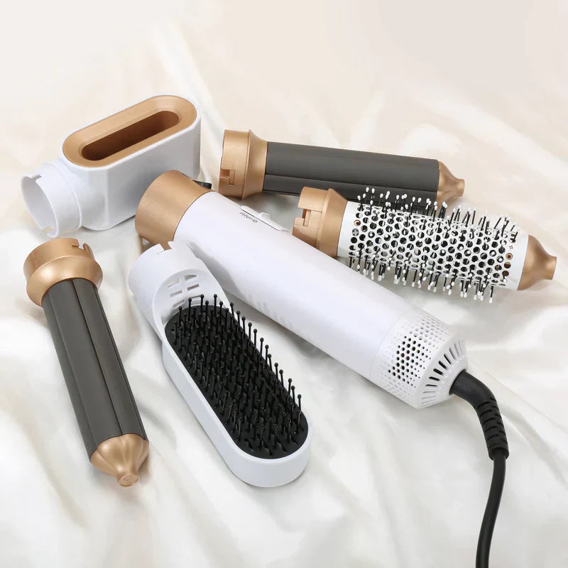 "Sleek 5-in-1 hair styler with attachments for curling, straightening, and drying; compact design, fits all hair types."