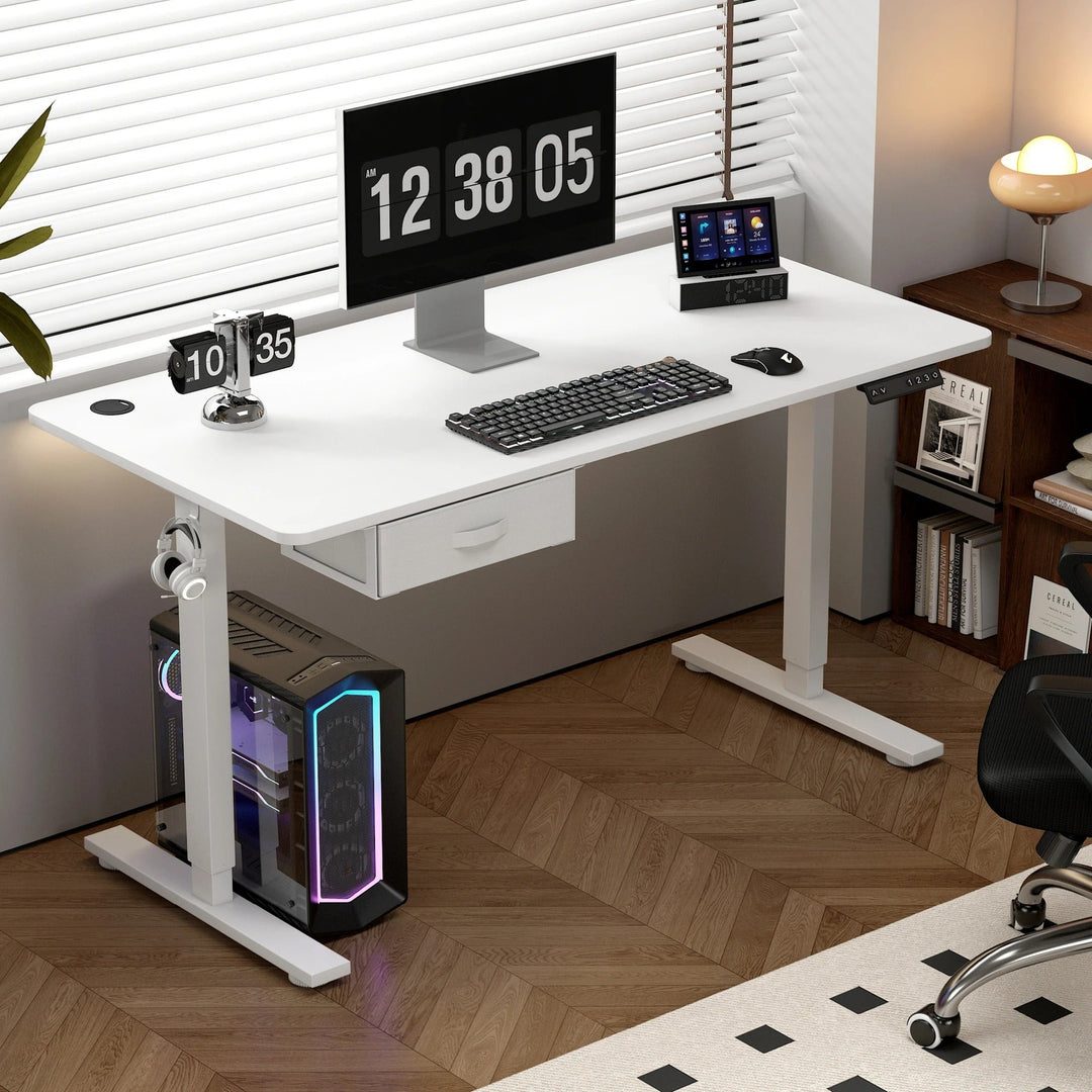 "Sleek adjustable electric standing desk with spacious drawer, USB ports; suits sitting/standing positions in home office."