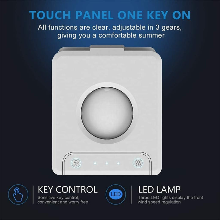 "Sleek compact portable air conditioner fan with white and grey finish, ideal for small spaces and efficient cooling."