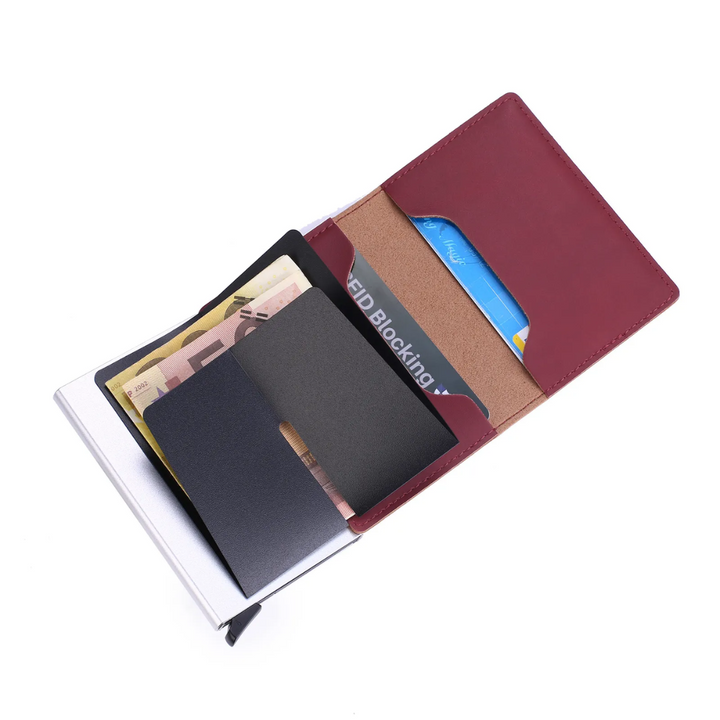 Men's aluminum wallet featuring strong RFID blocking & handy money clip.