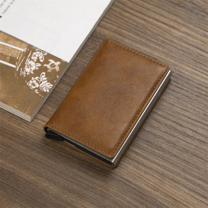 Secure and slim men's aluminum money clip wallet with RFID technology.