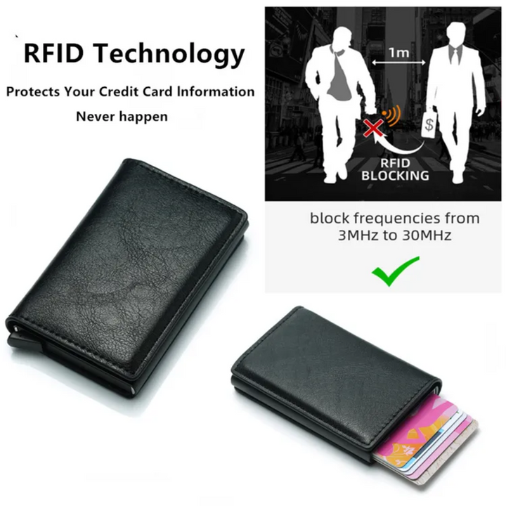 Smart men's aluminum wallet with RFID protection and integrated money clip.