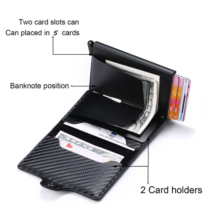 Premium aluminum men's card holder, RFID secure and designed with a money clip.