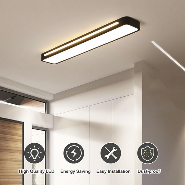 "Sleek minimalist linear LED ceiling light with iron and acrylic design, perfect for modern homes, available in three sizes."