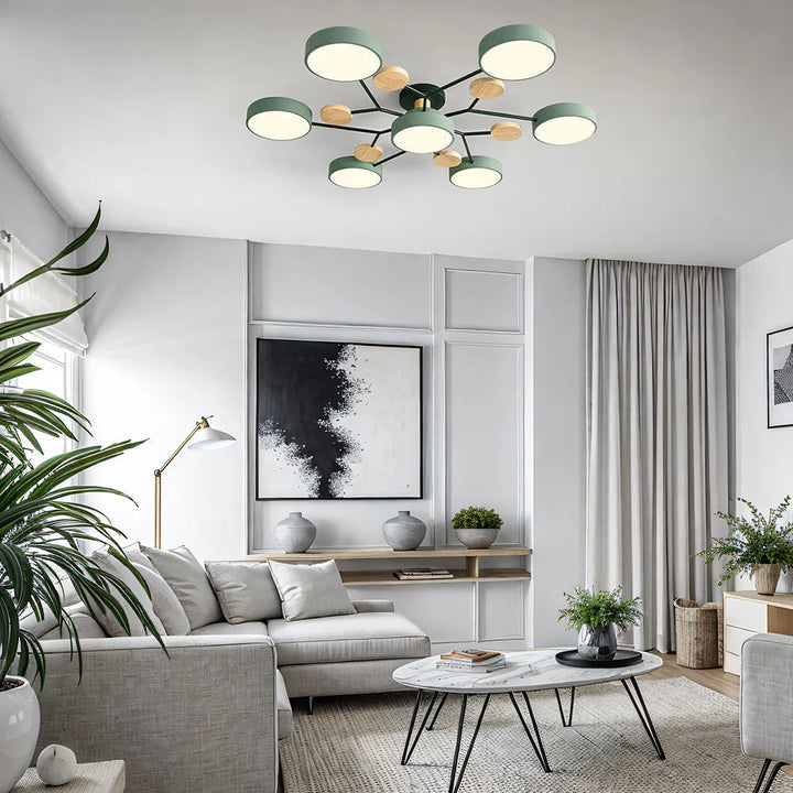 "Sleek modern halo LED semi-flush ceiling light, iron and acrylic build, perfect for contemporary living rooms or bedrooms."