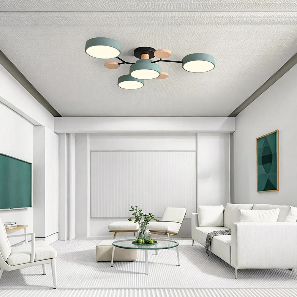 "Sleek modern halo LED semi-flush ceiling light, iron and acrylic build, perfect for contemporary living rooms or bedrooms."