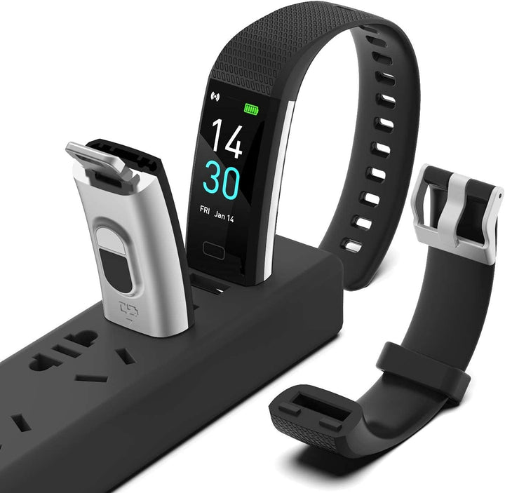 "Sleek smartwatch with optical sensors for heart rate, blood pressure tracking, black strap, rectangular touchscreen display.