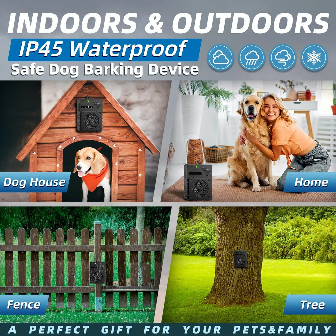 Sleek ultrasonic dog bark deterrent for indoor/outdoor use, compact design, weatherproof, ideal for pet training.