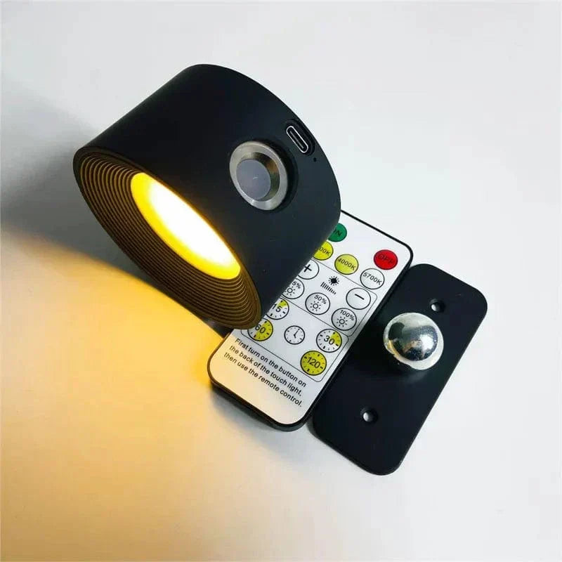 "Sleek wireless rechargeable wall light with magnetic mount and 360° rotation for modern home interiors."