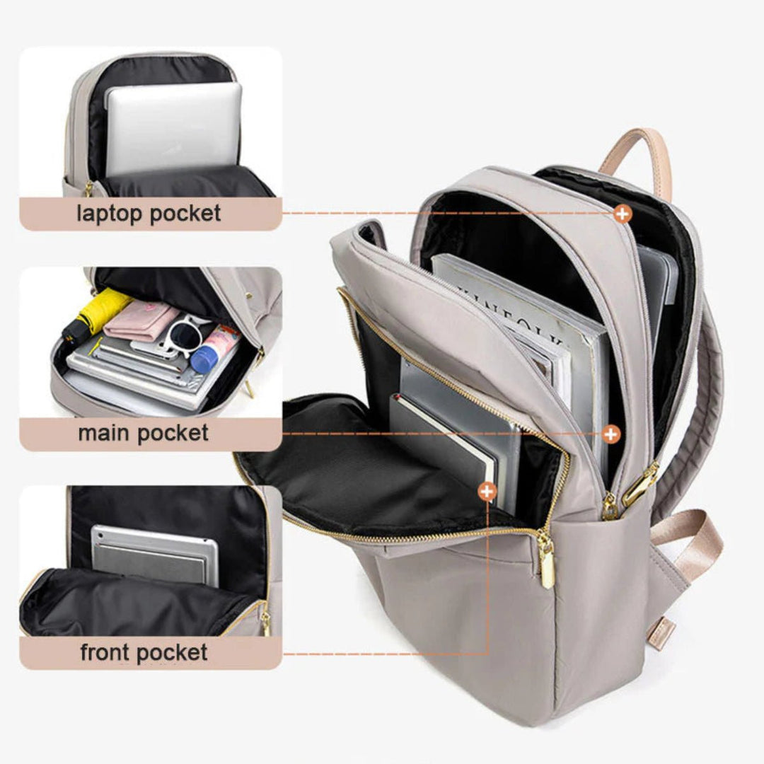 Front view of the sleek black waterproof laptop backpack, ideal for work and daily use.