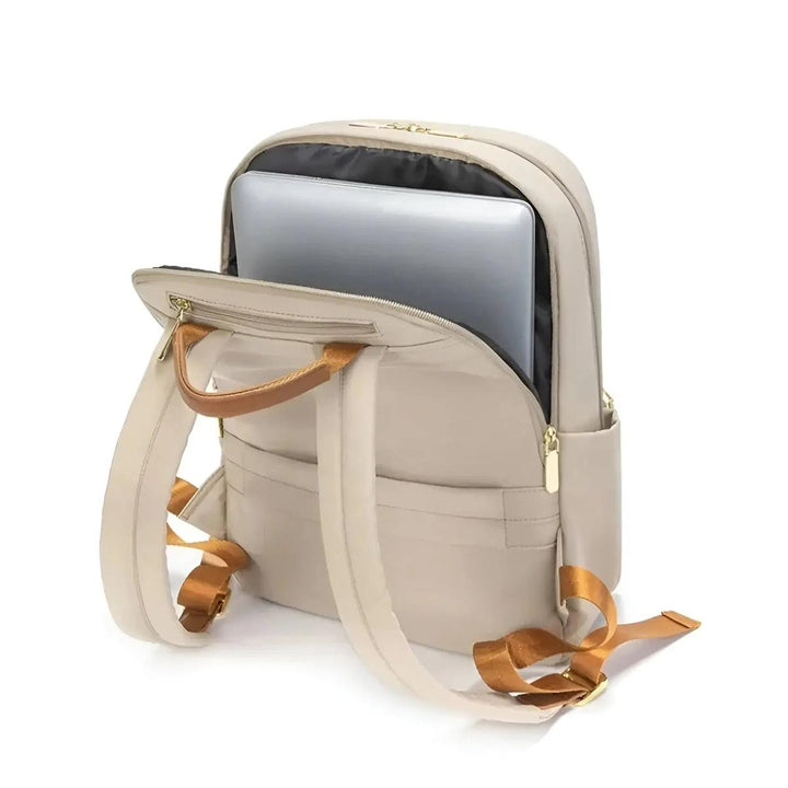 Smooth finish on this sleek waterproof laptop backpack, a chic choice for women.