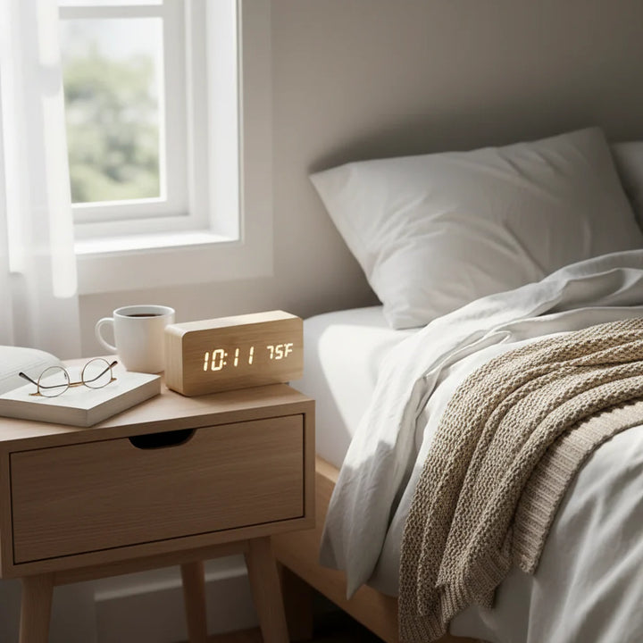Smart LED alarm clock with voice control, featuring a modern digital display for bedroom or office.